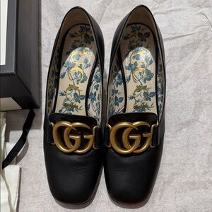 Gucci Black Heel loafers with Gold GG Emblem